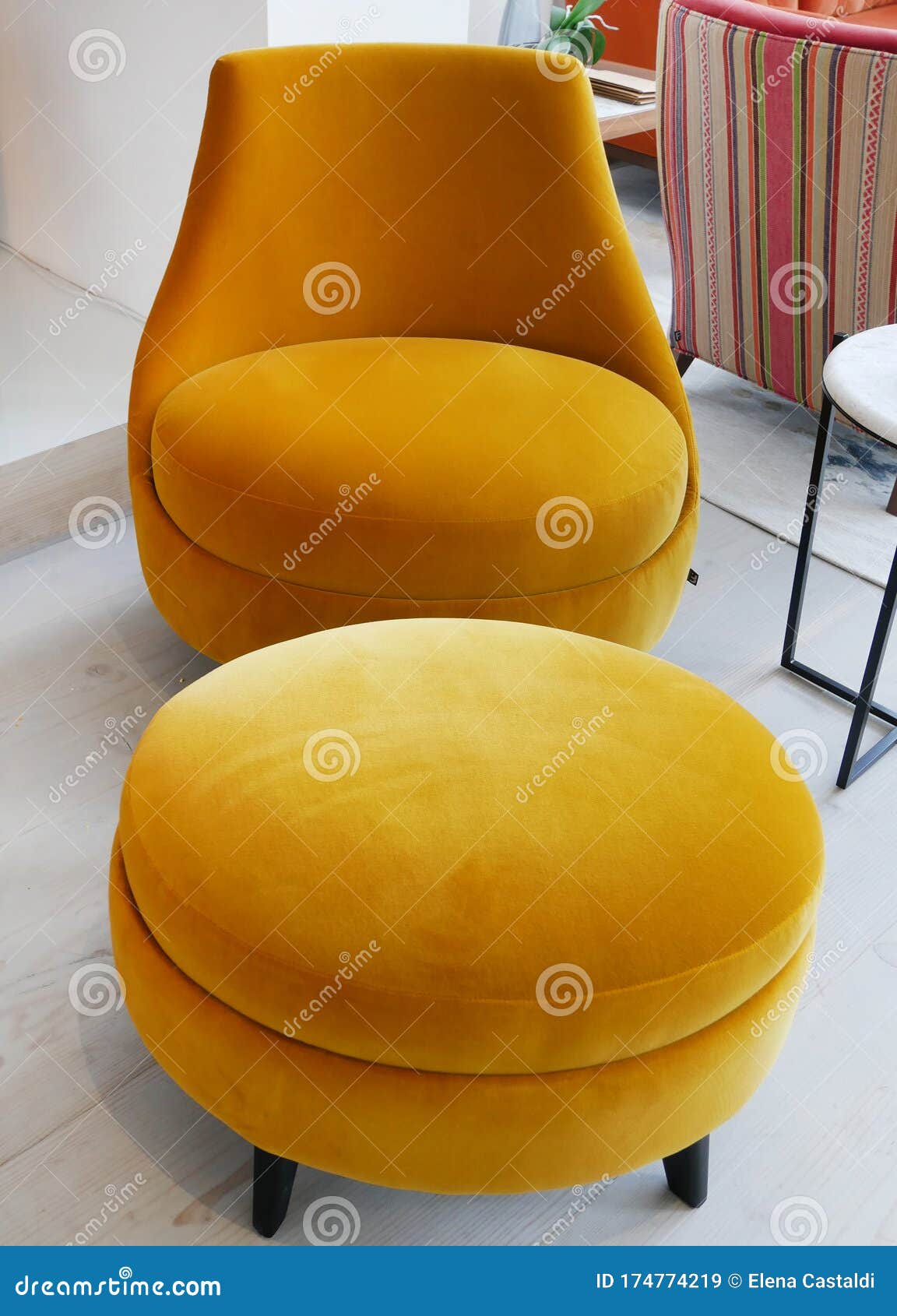 Yellow Fabric Chair with Footrest Stock Image Image of design, velvet