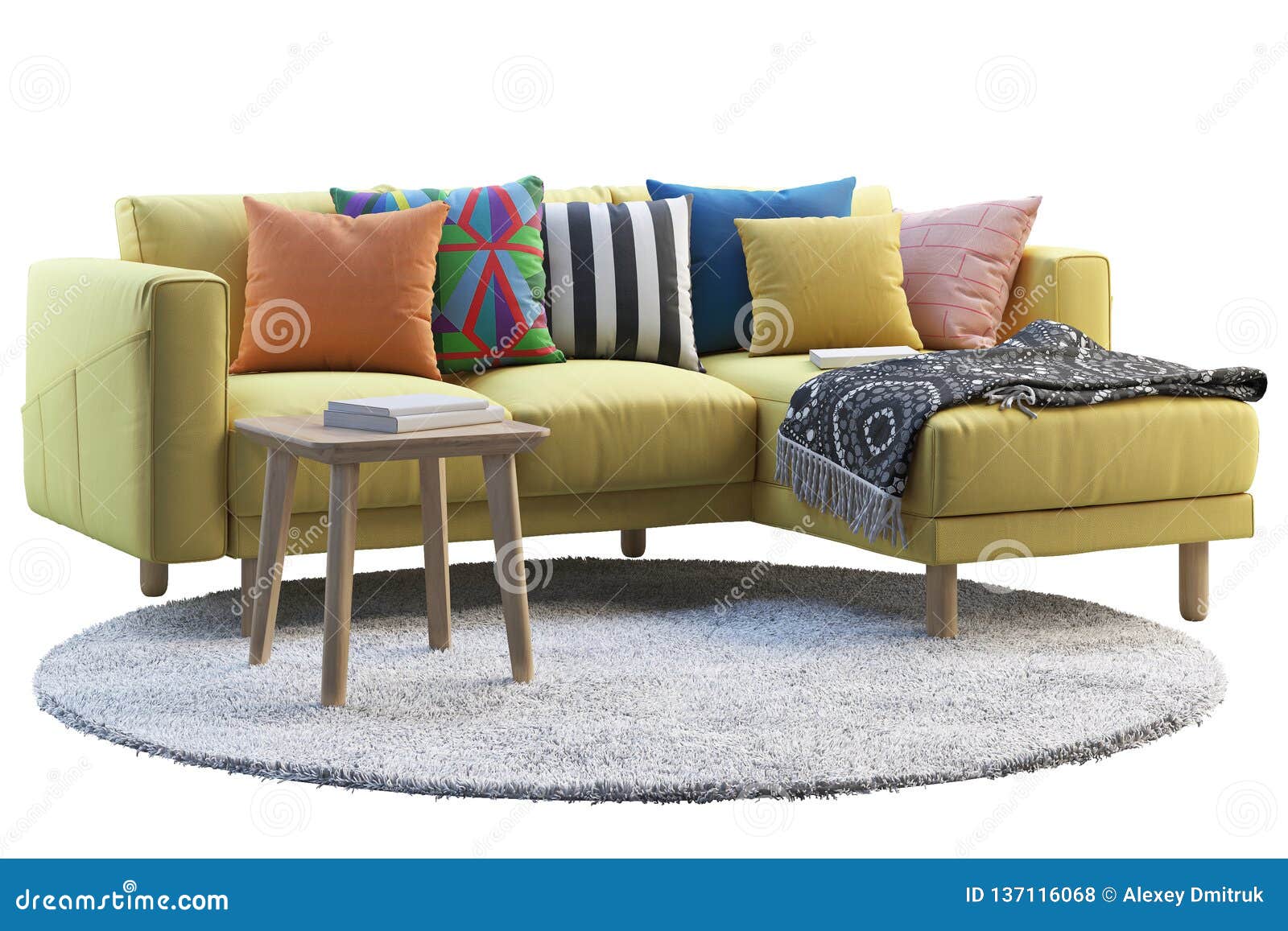 Yellow Fabric Sofa With Gray Rug And Wooden Coffee Table 3d Render Stock Illustration Illustration Of Glass Fabric 137115992