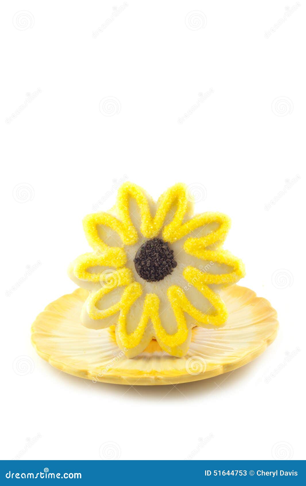 Yellow Flower Sugar Cookie on White Vertical Background Stock Image