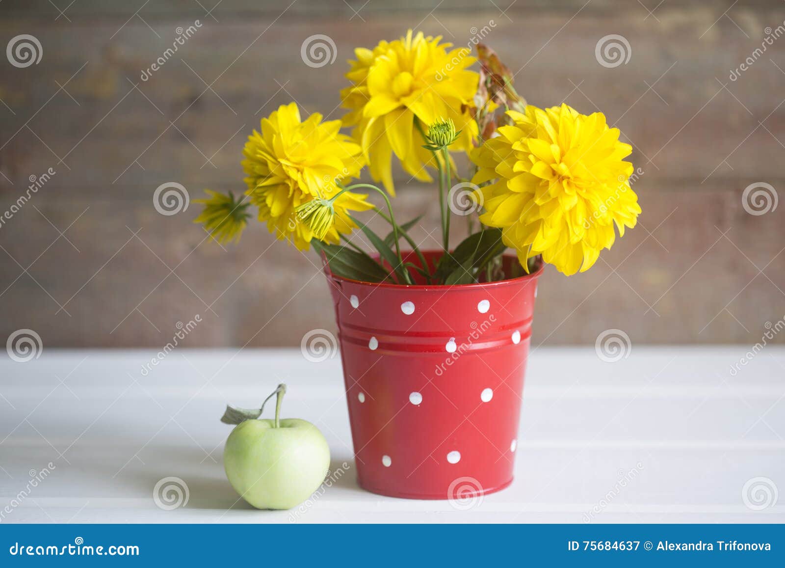 Yellow flowers and apple stock image. Image of green 75684637
