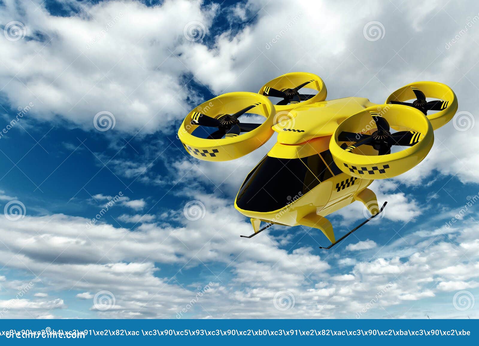 yellow flying taxi against the sky, city electric transport drone. car with propellers, clean air, fast ride. mixed media, copy