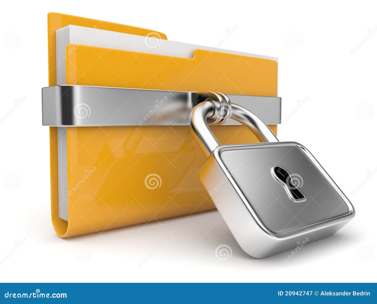 yellow folder and lock. data security concept. 3d