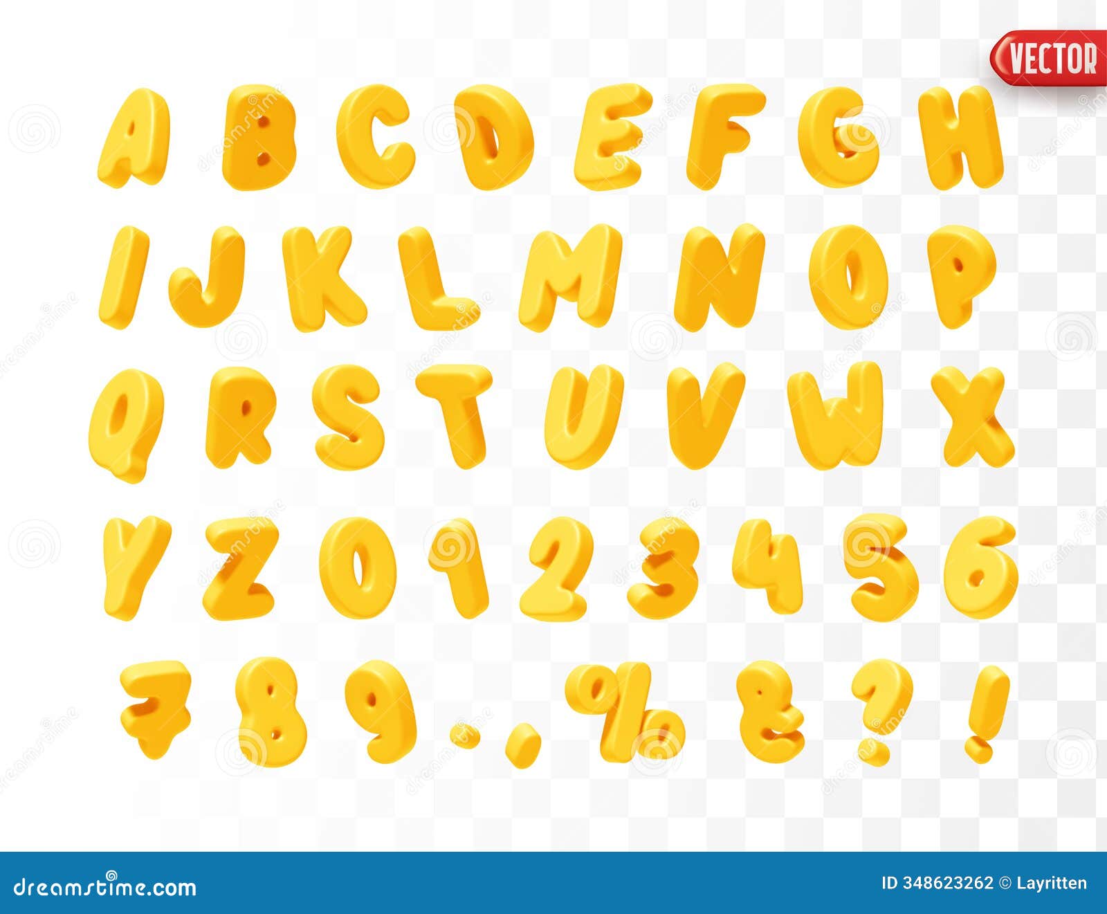 yellow font realistic 3d . complete alphabet and numbers from 0 to 9. collection of large letters in cartoon style