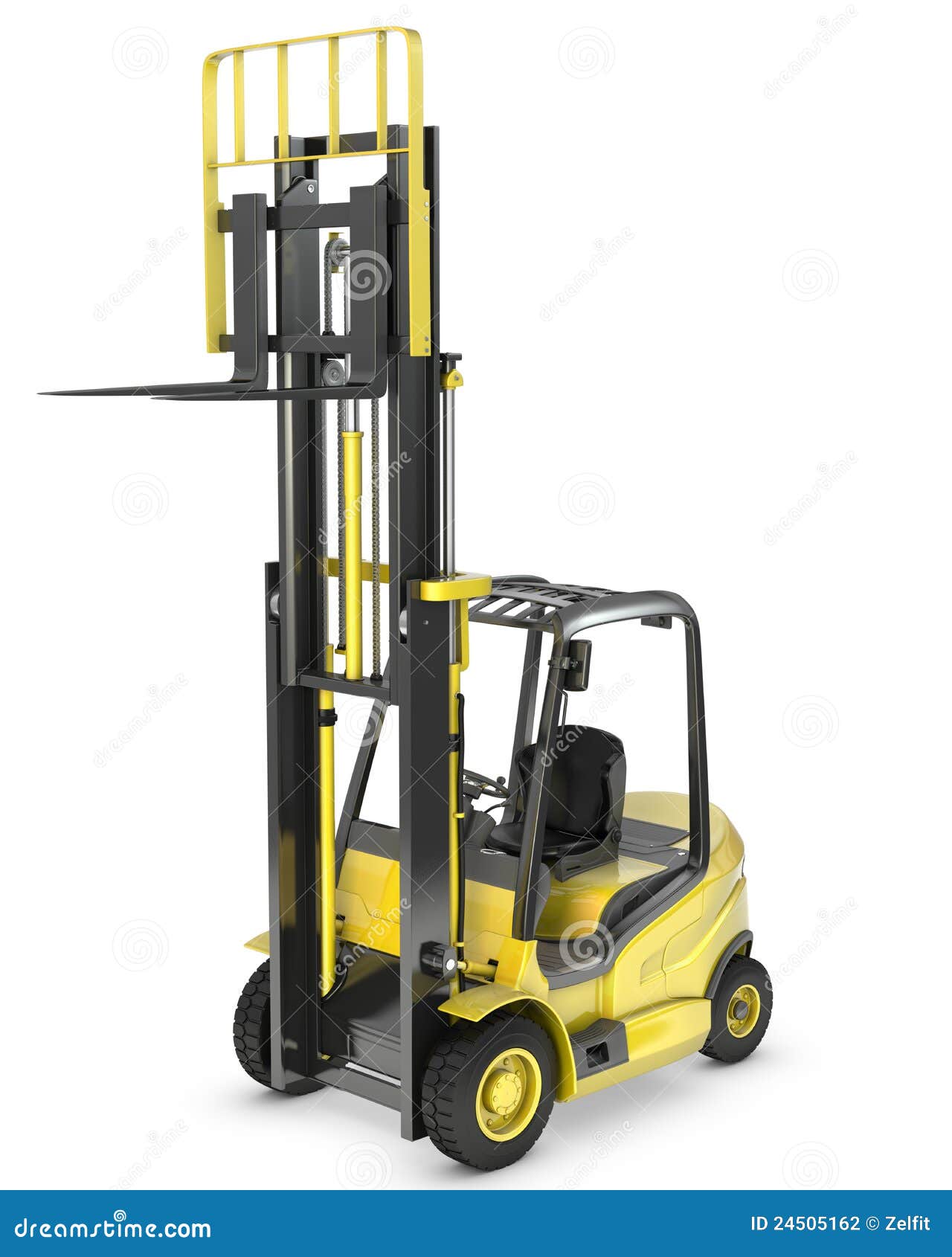 yellow fork lift truck with raised fork