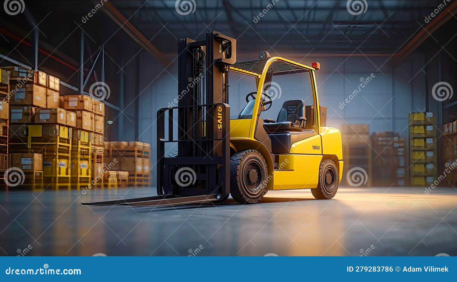 Yellow Forklift Inside Warehouse Building with Storage Racks. Stock Illustration Illustration
