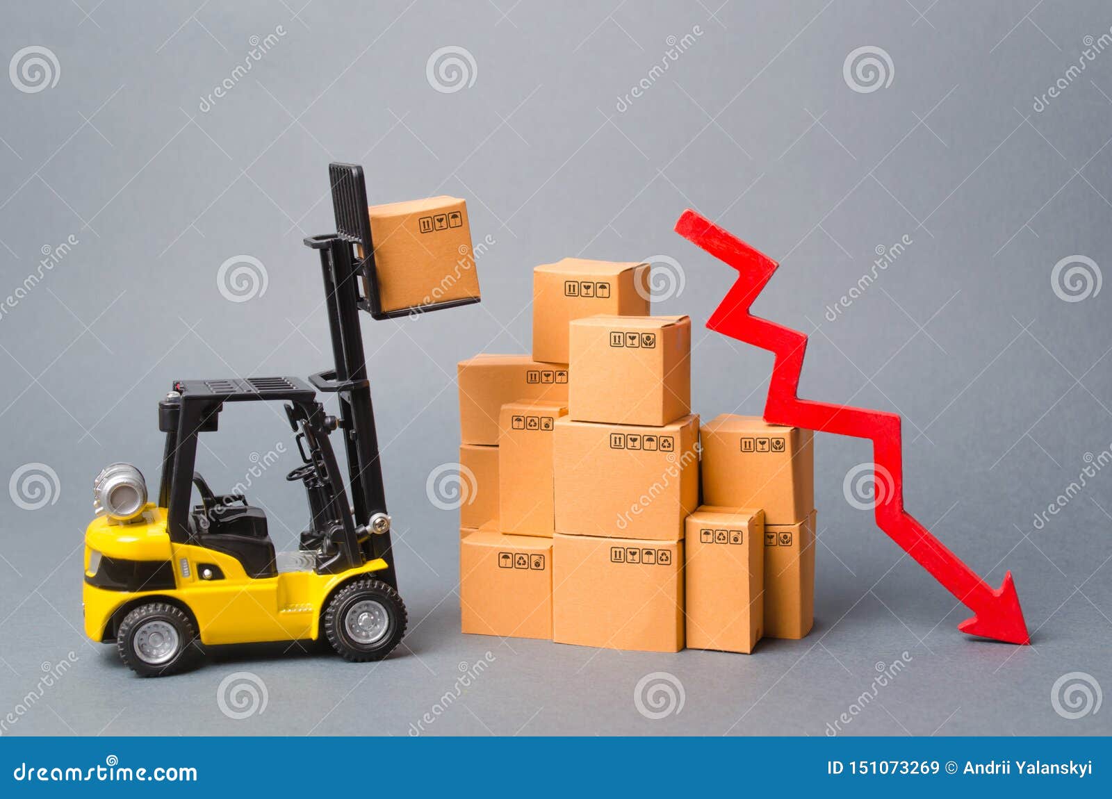 Yellow Forklift Truck Truckraises A Box Over A Stack Of Boxes And Red Arrow Down Decrease In Economic Rates Low Demand For Goods Stock Image Image Of Industry Cardboard 151073269
