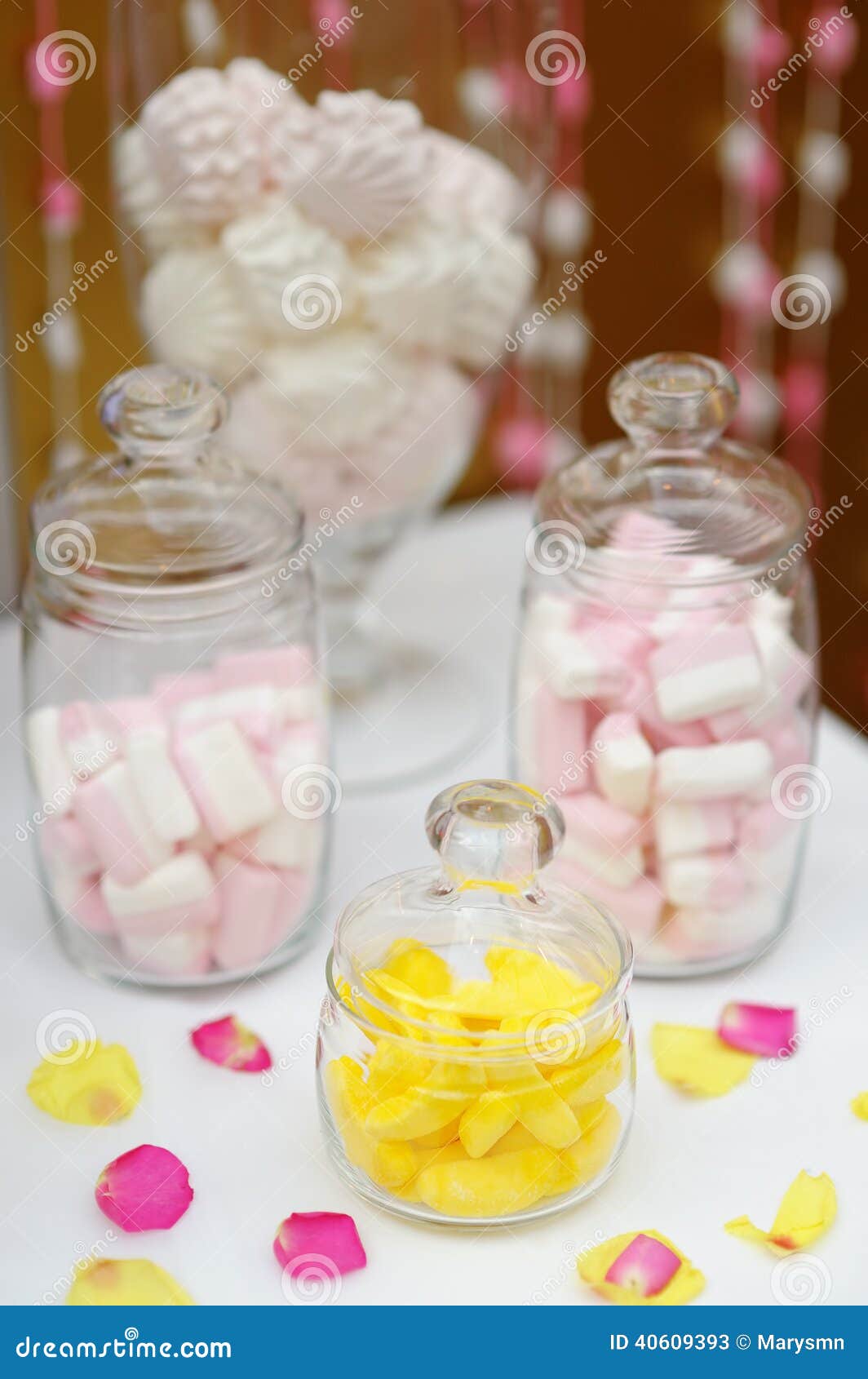 Yellow Fruit Candy And Marshmallow In Glass Jars Stock Image Image Of Nameboard Fairy 40609393