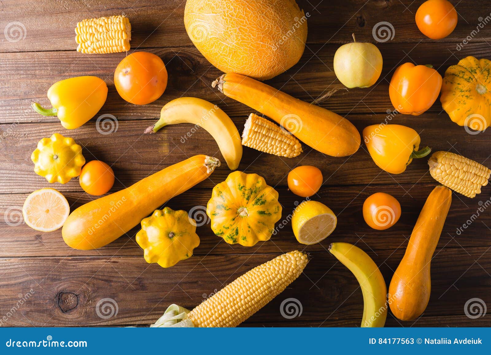 Yellow Fruits And Vegetables On A Wooden Background. Colorful Festive ...