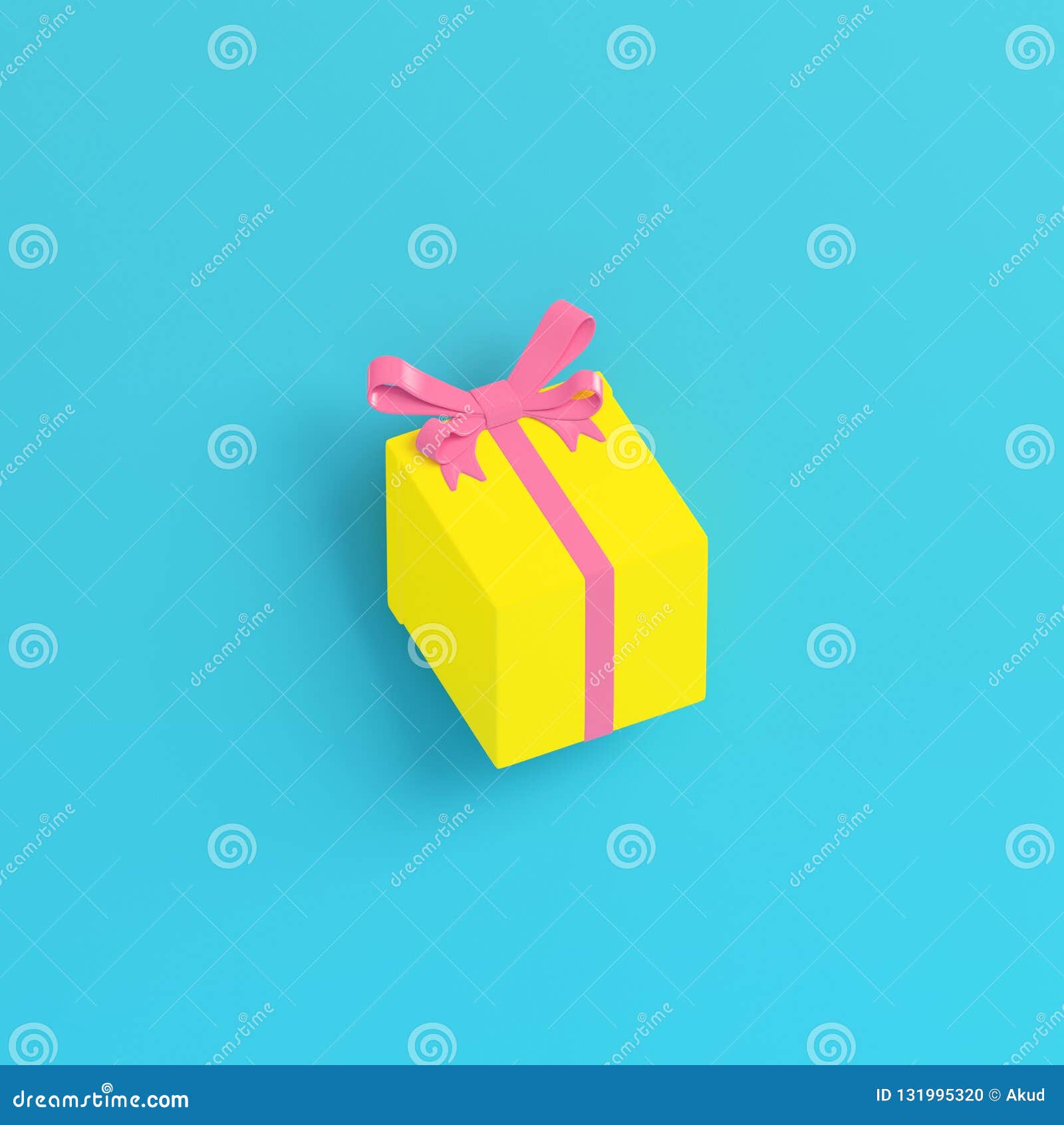 Yellow Gift Box With Ribbon Bow And On Bright Blue