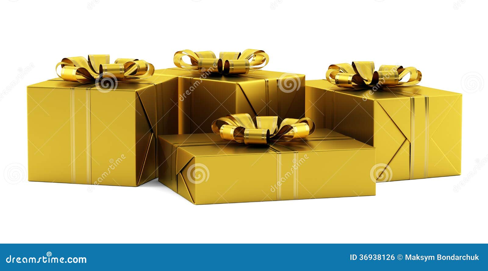 Yellow Gift Boxes with Golden Ribbons Isolated on White Stock