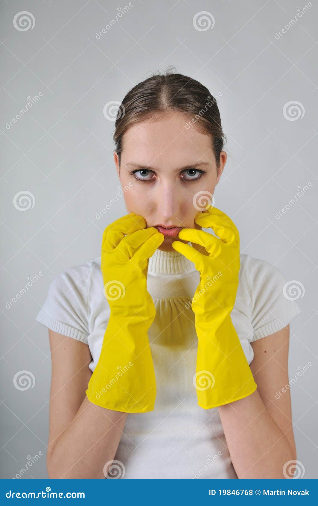Yellow Gloves What Will I Do? Stock Photo Image of mouth, portrait