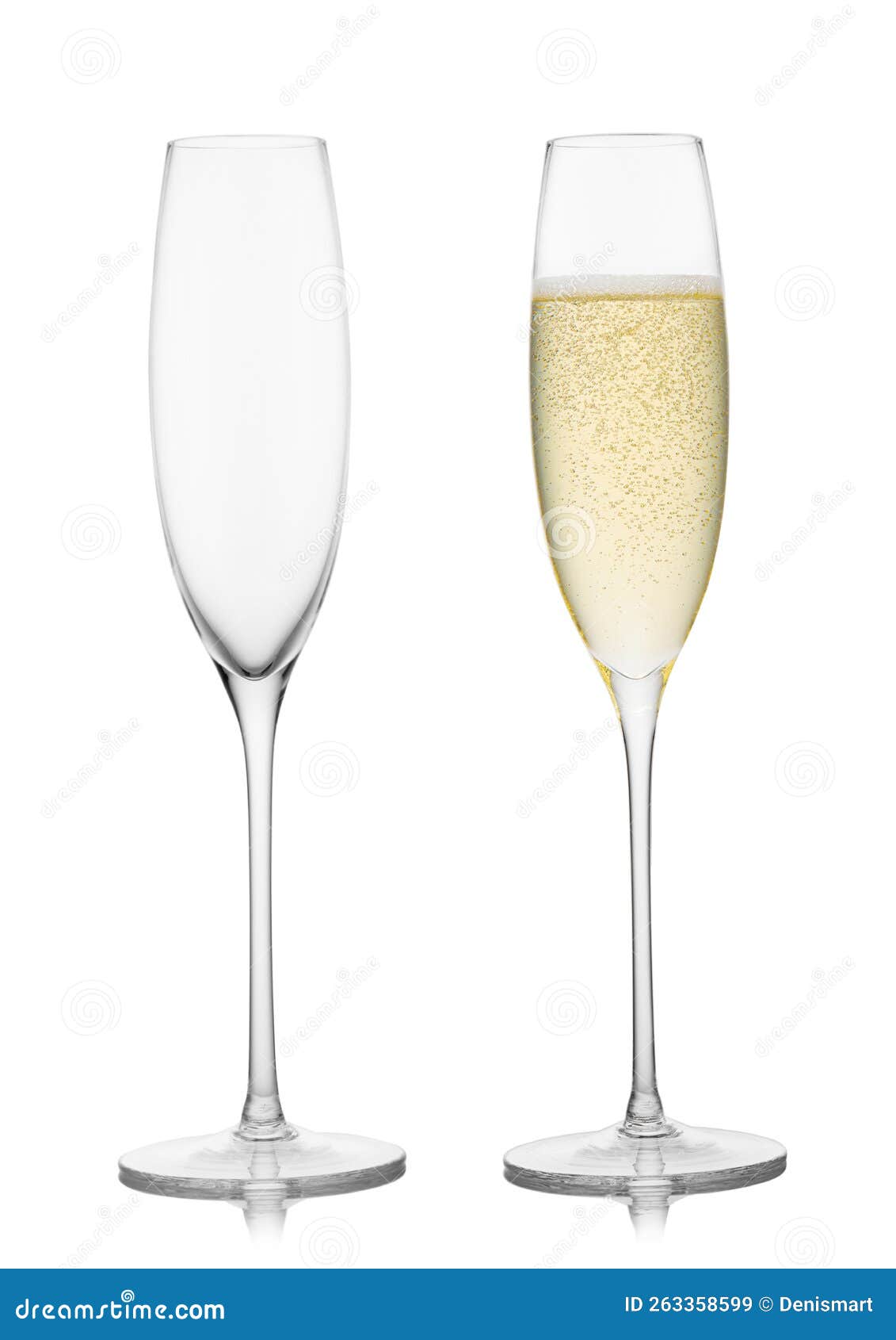 Yellow Golden Full and Empty Champagne Glasses on White Background
