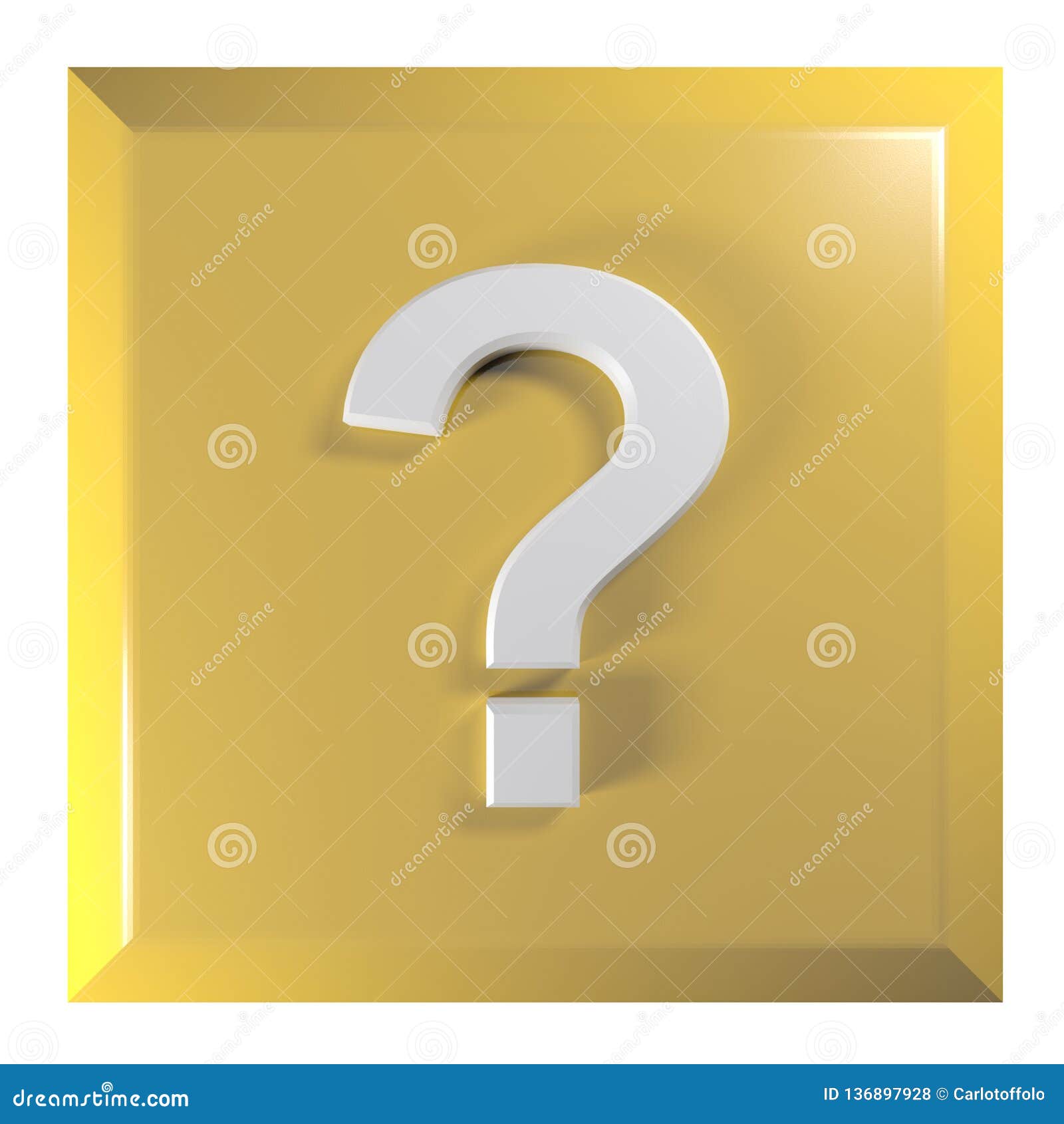 yellow - golden square push button with question mark - 3d rendering 