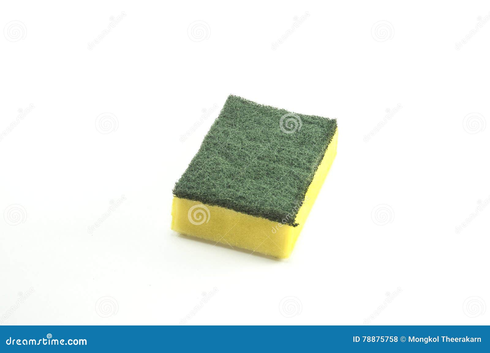 Yellow and Green Scrub Sponge Used on White Background Stock Photo