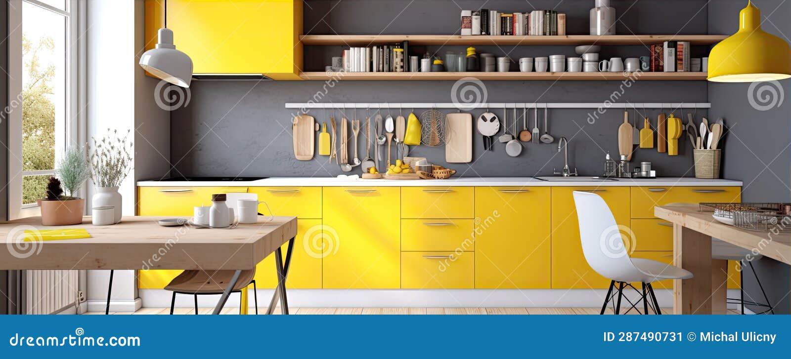 Yellow and Grey Kitchen Modern Design Stock Image Image of