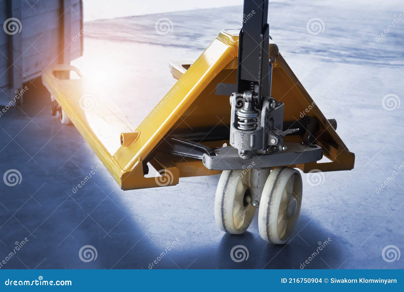 Yellow Hand Pallet Truck or Hand Lift Work Tools for Warehouse. Stock Photo  - Image of cargo, container: 216750904
