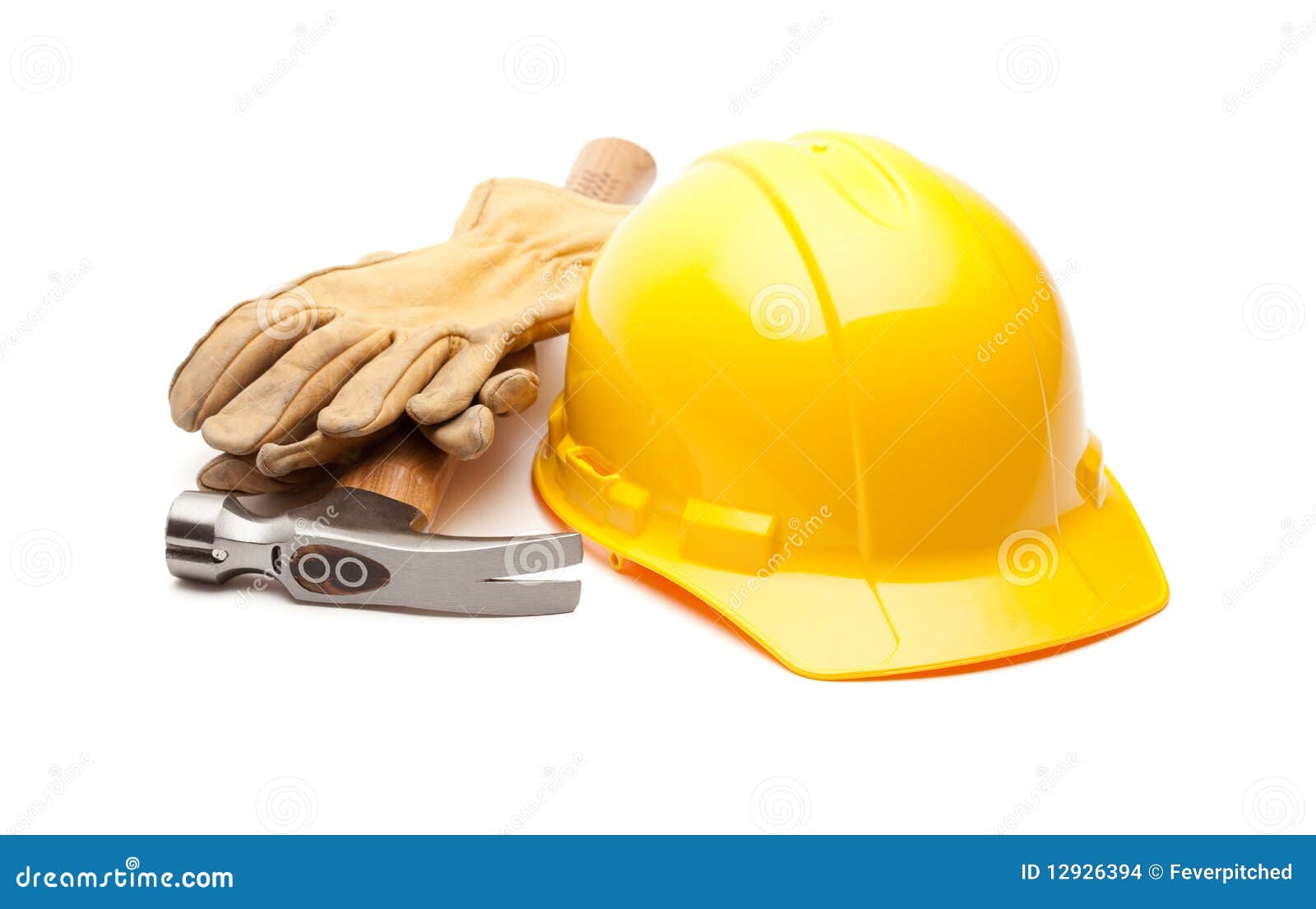 yellow hard hat, gloves and hammer on white