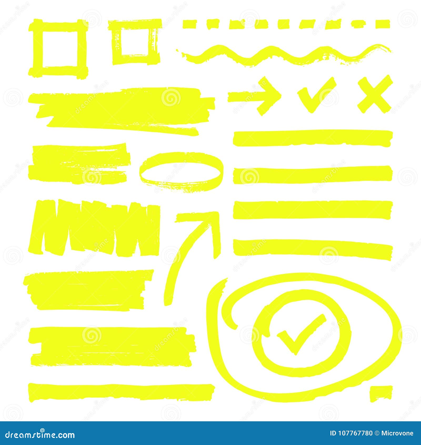 yellow highlighter lines, arrows and frame boxes with grunge texture   stock