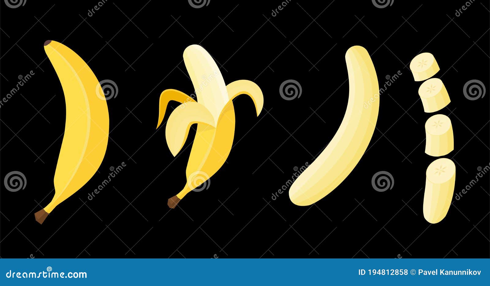 yellow  banana fruit whole and chopped with peel and without.  set