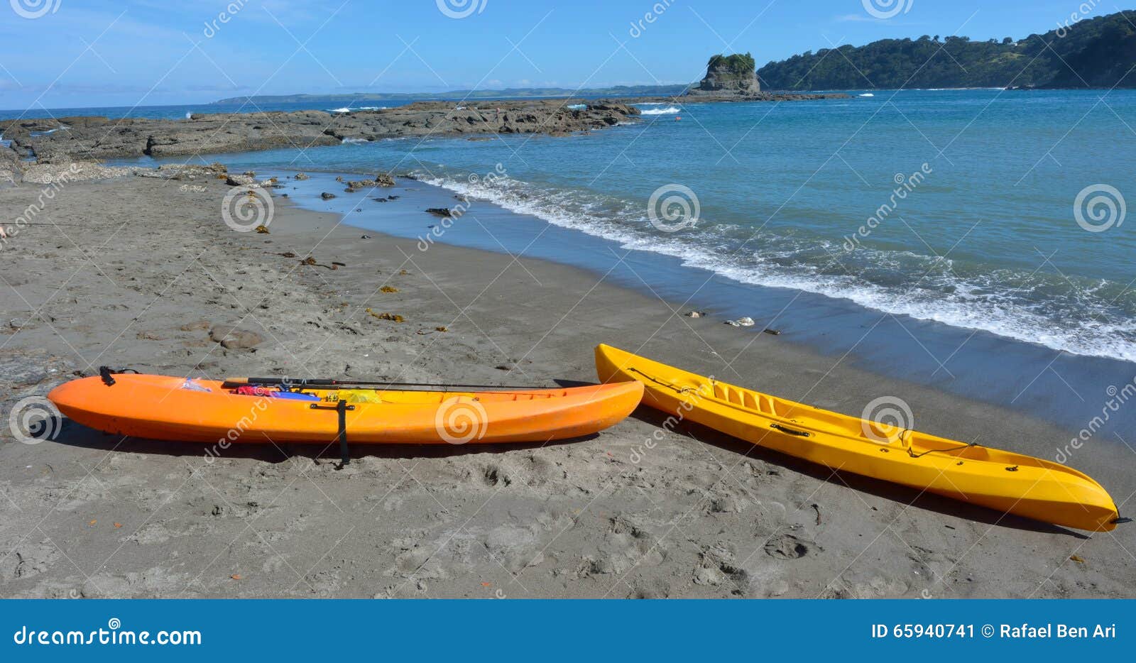 Yellow Kayas in Matheson Bay New Zealand Stock Image - Image of ...