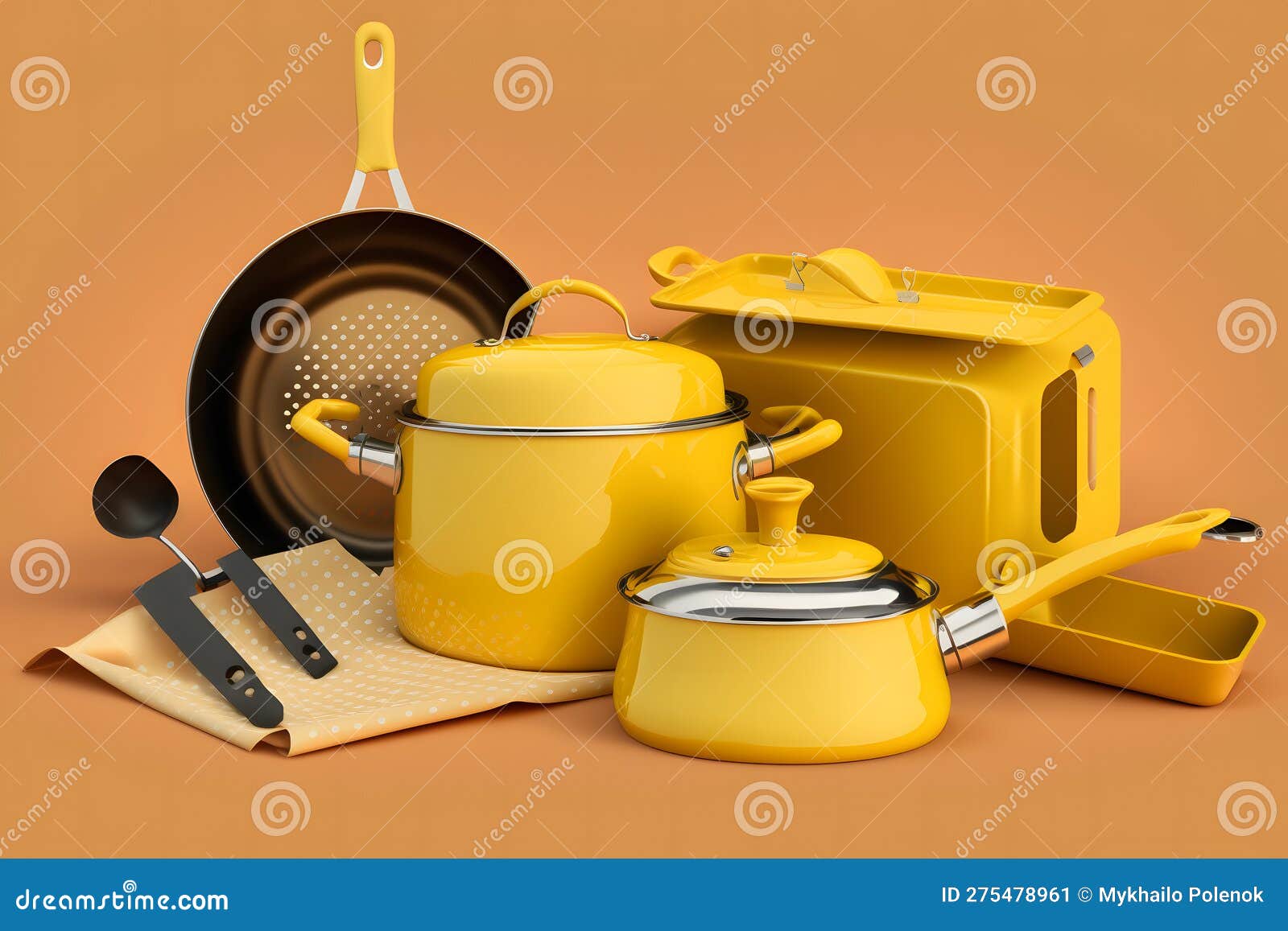 Yellow Kitchen Utensils Set. Neural Network AI Generated Stock