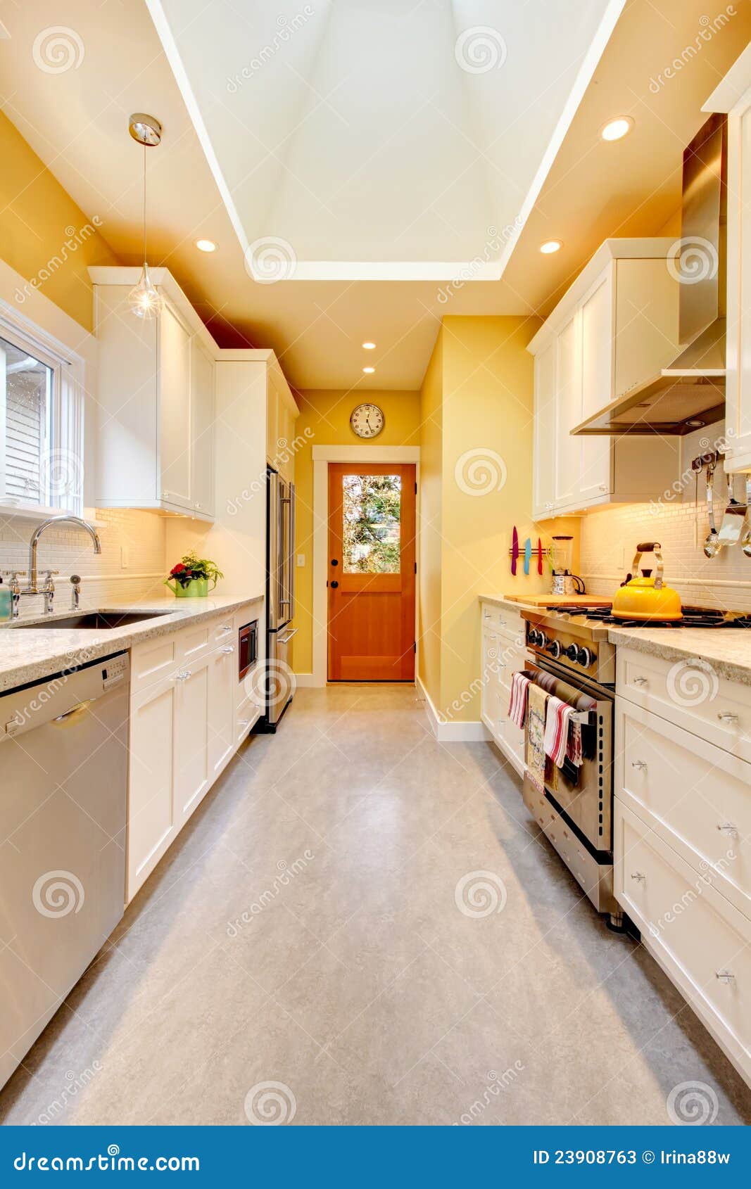 Yellow Kitchen with White Cabinets and Stove. Stock Image - Image of ...