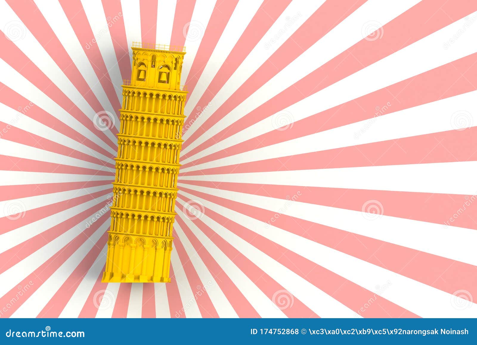 Yellow leaning tower of pisa on white and red background. Yellow leaning tower of pisa on white and red background, 3D rendering