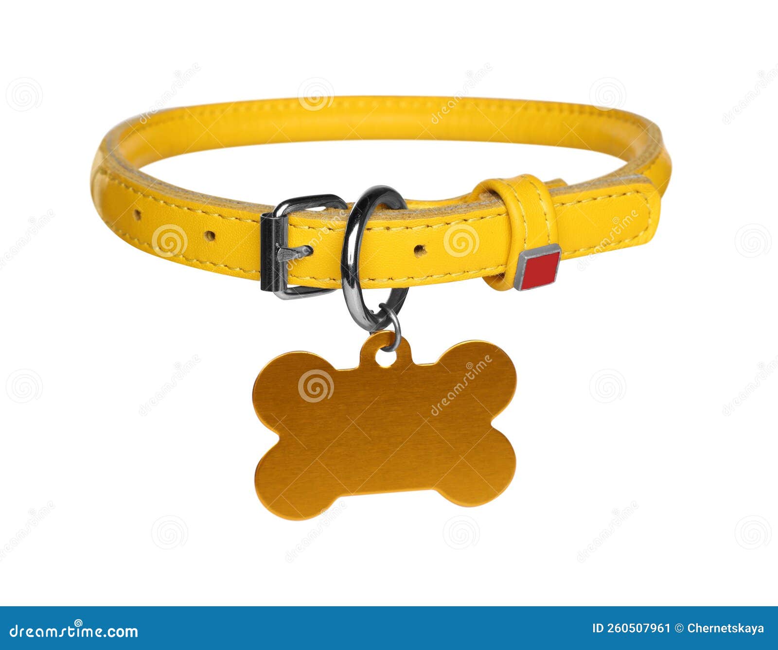 Yellow Leather Dog Collar with Bone Shaped Tag Isolated on White Stock