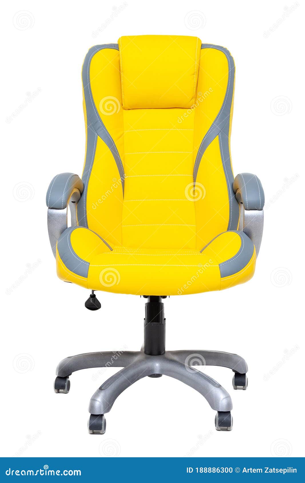 Yellow Leather Office Chair Gray Stripes Wheels Isolated White Background Front View Modern Furniture Interior Home 188886300 