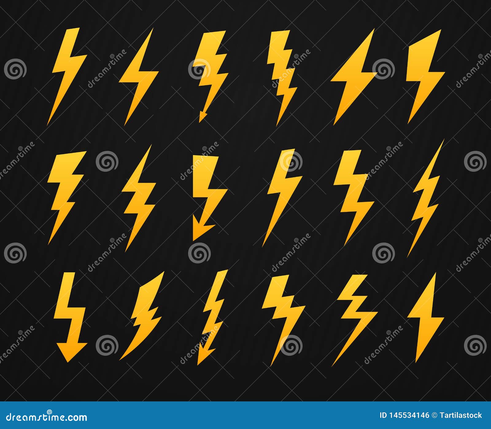yellow lightning silhouette. electrical power high voltage, thunderbolt flash and energy lightnings silhouettes icons