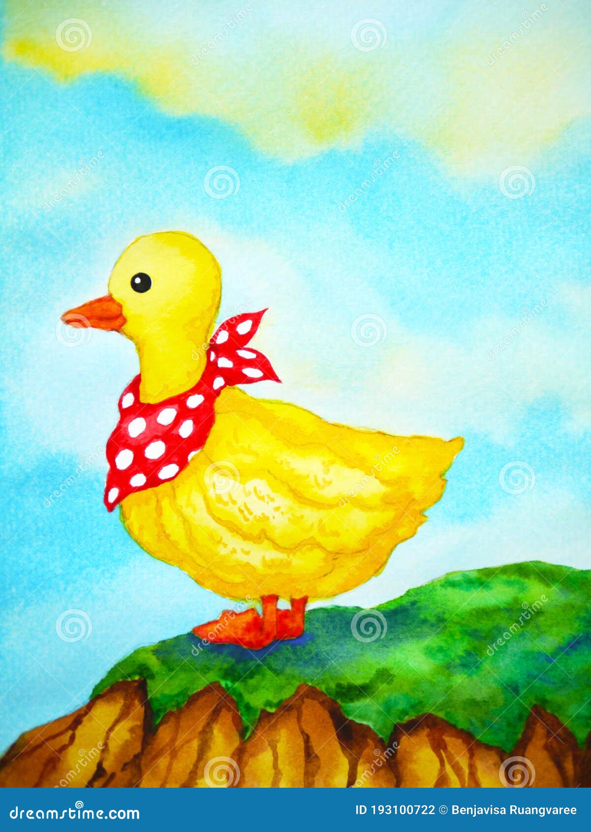 Yellow Little Duck Red Scarf Cartoon Drawing Watercolor Painting  Illustration Design Stock Illustration - Illustration of color, abstract:  193100722