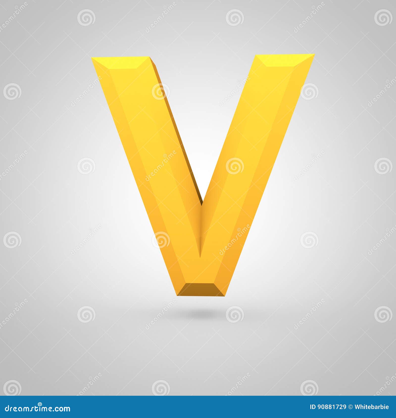 Yellow low poly alphabet letter V uppercase isolated on white background. Low poly alphabet letter V uppercase. 3D render of yellow mate polygonal font isolated on white background.