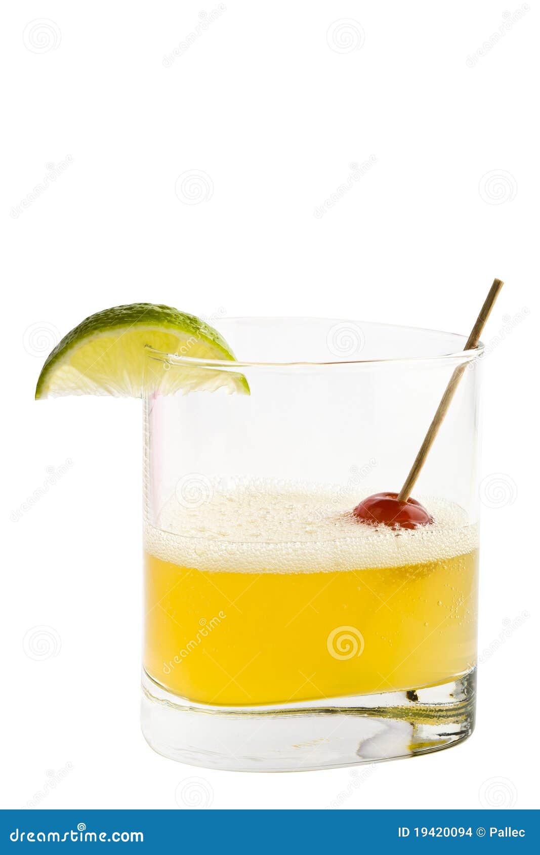 Yellow Lowball Drink with Cherry and Lime Slice Stock Photo Image of