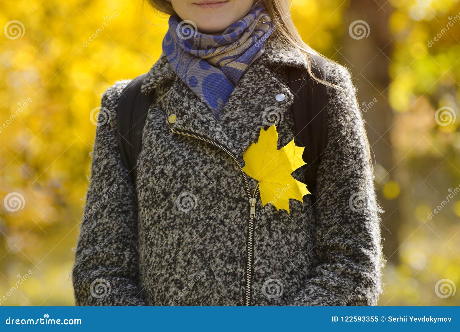 Yellow Maple Leaf on a Gray Coat. Autumn Concept. Stock Image Image