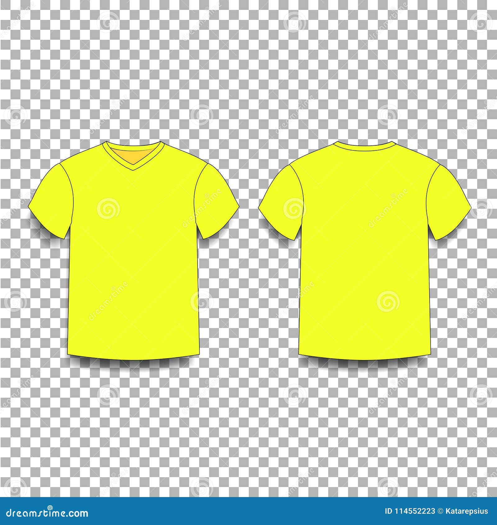 Yellow Men`s T-shirt Template V-neck Front and Back Side Views. Stock ...