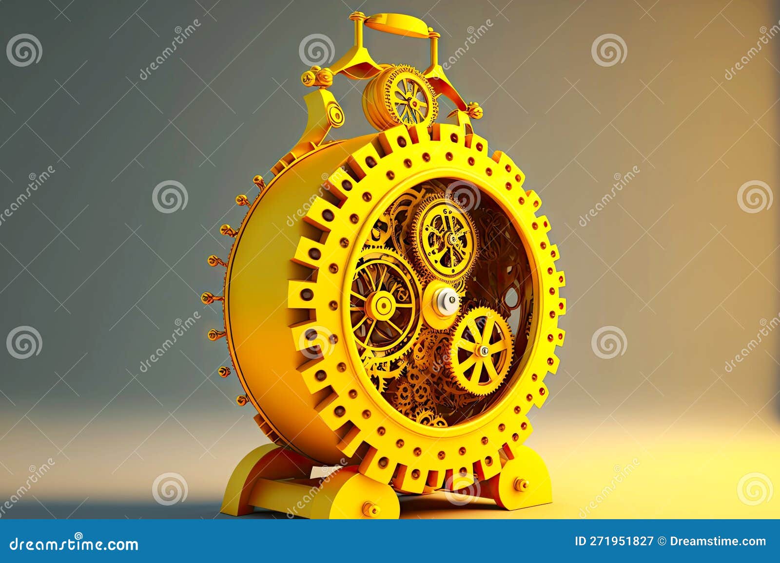 Yellow Metal Clockwork Vintage Clock with Wheels and Gears Stock
