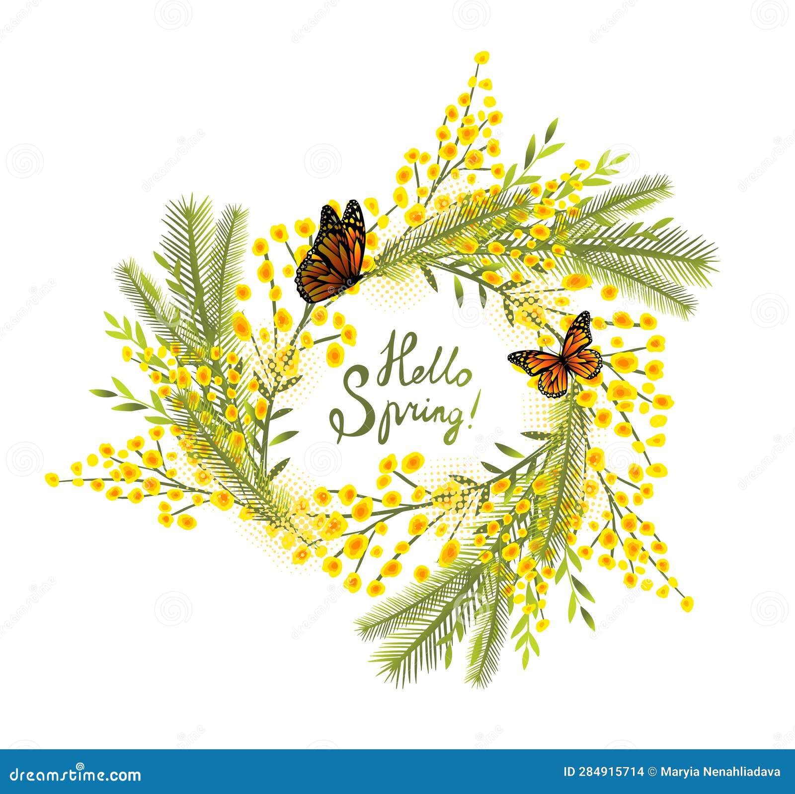 Yellow Mimosa, Flowers of Yellow Spots, Splashes. Spring Wreath of the