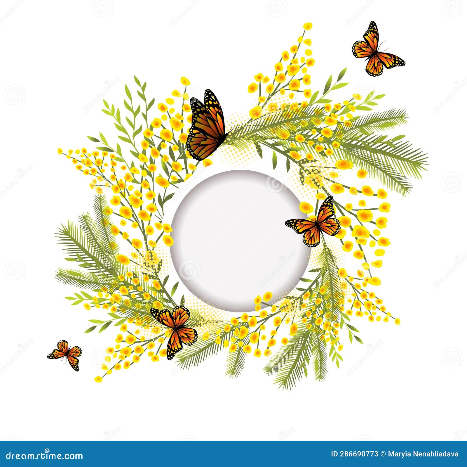 Yellow Mimosa, Flowers of Yellow Spots, Splashes. Spring Wreath of the