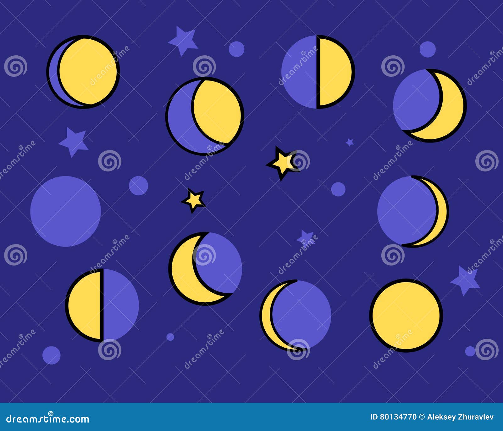 Yellow Moon Phases on a Dark Blue Background Stock Vector