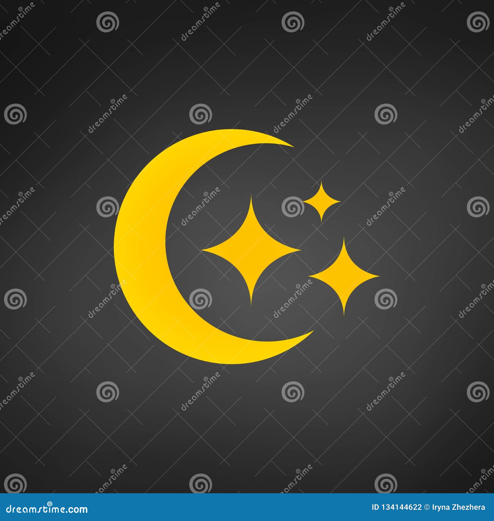 Yellow Moon And Stars Vector Icon, Modern Flat Symbol Isolated On Black