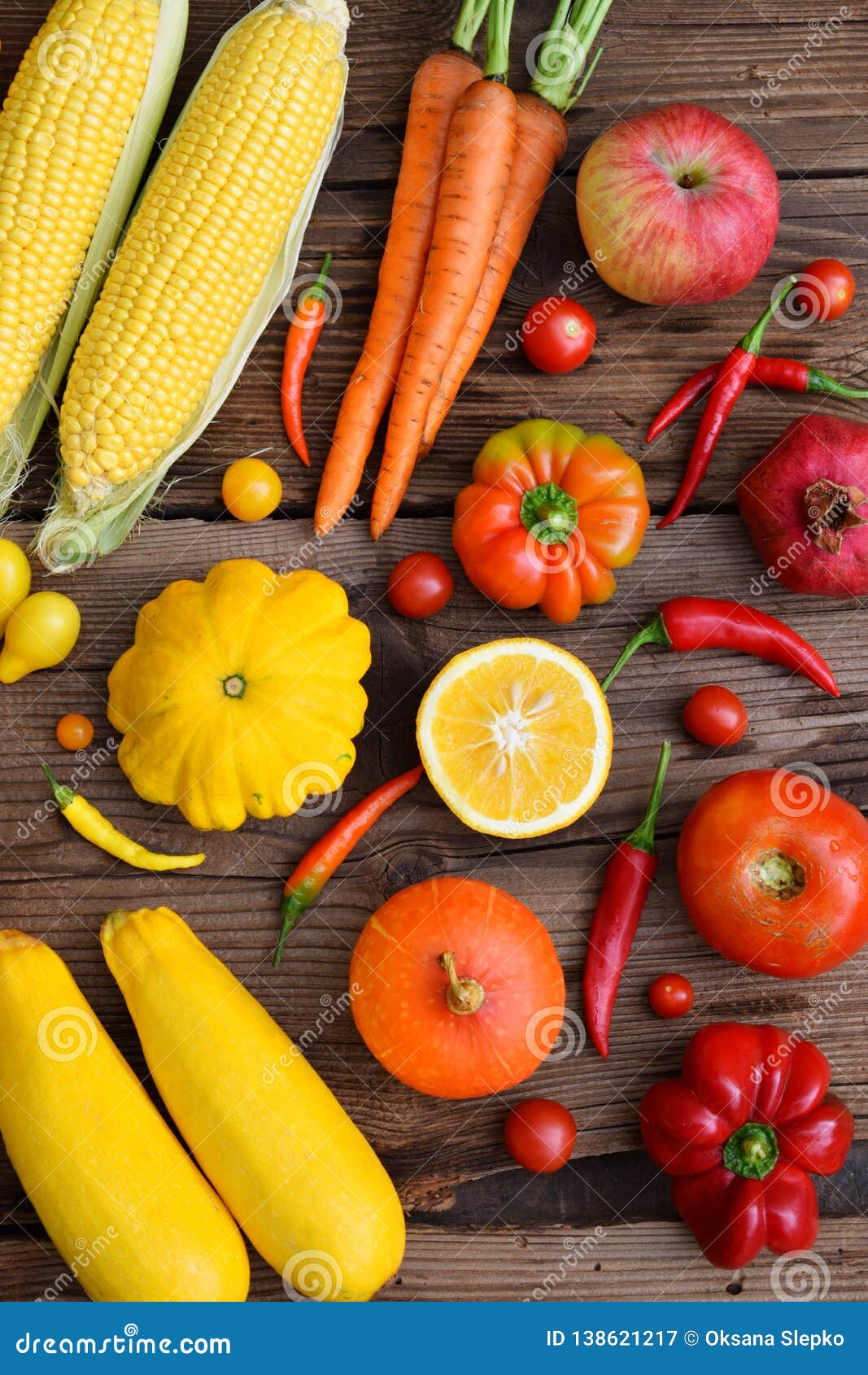 Yellow, Orange, Red Fruits and Vegetables on Wooden Background. Healthy ...