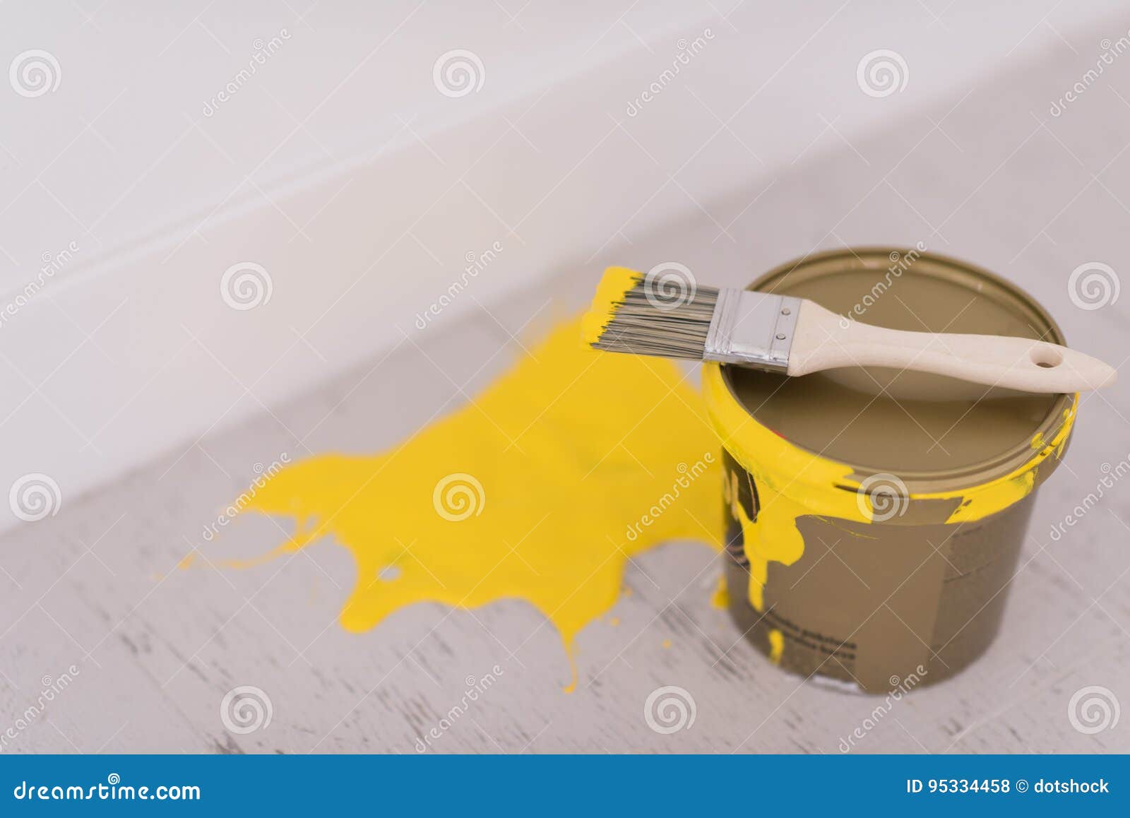 Yellow Paint Tin Can with Brush on Top Stock Photo - Image of ...