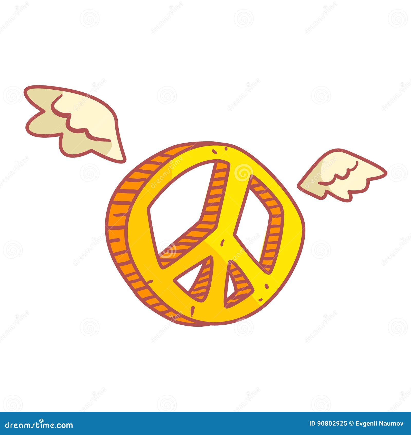 Yellow peace sign with wings. Colorful cartoon illustration on a white background