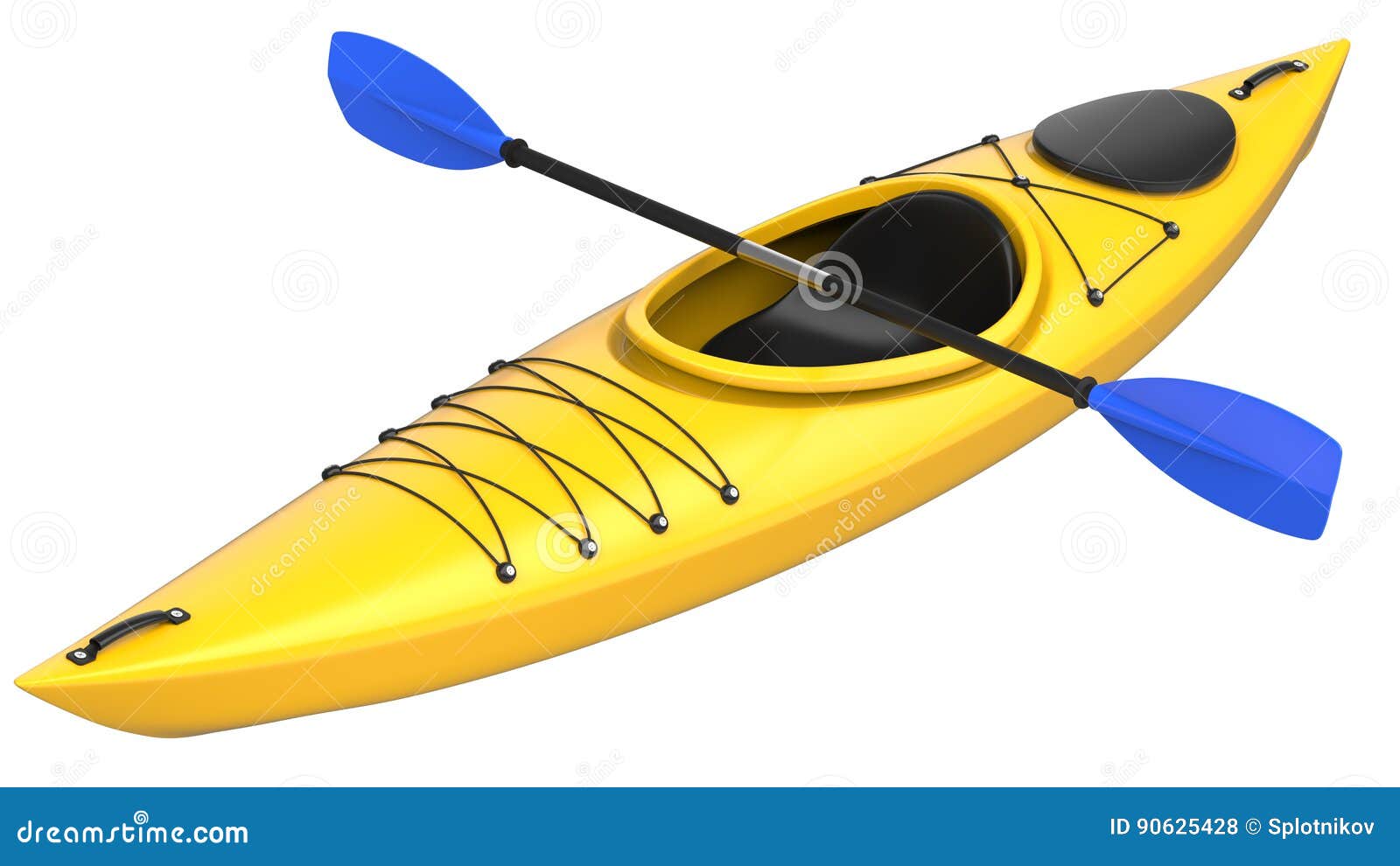 Yellow Plastic Kayak with Blue Paddle. 3D Render, Isolated on White Background. Stock