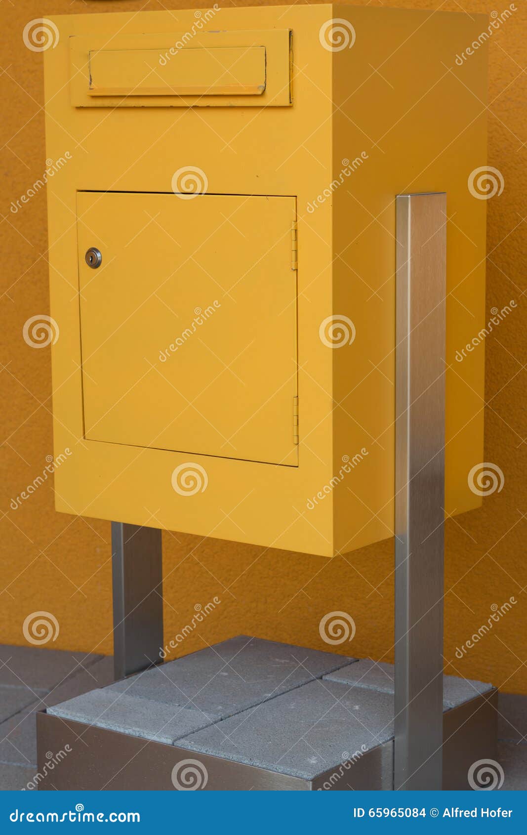 Yellow Post Box Stands on Concrete Base Stock Photo Image of mail