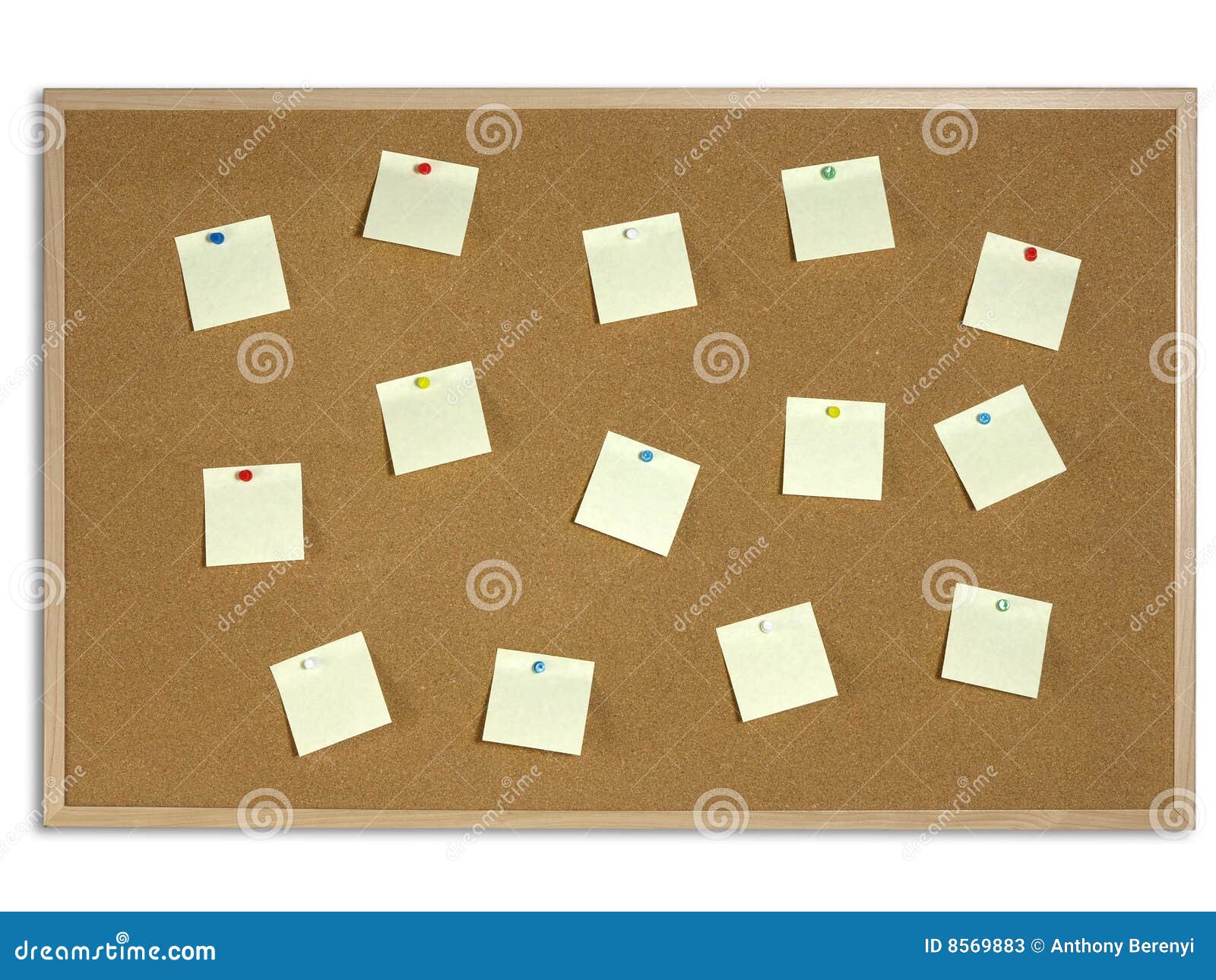 Yellow Post It Notes tacked on Cork Board. Yellow Post It Notes color tacks on Cork Board