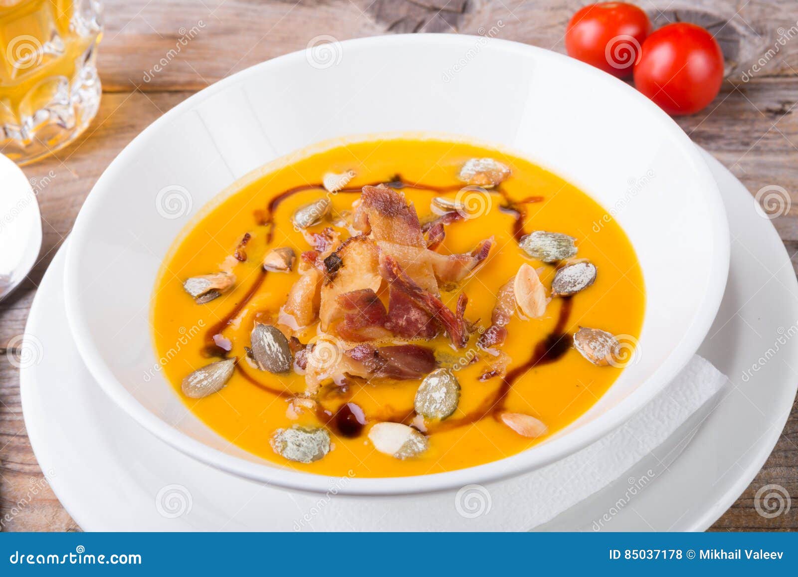 Yellow pumpkin soup stock photo. Image of dinner, plate 85037178
