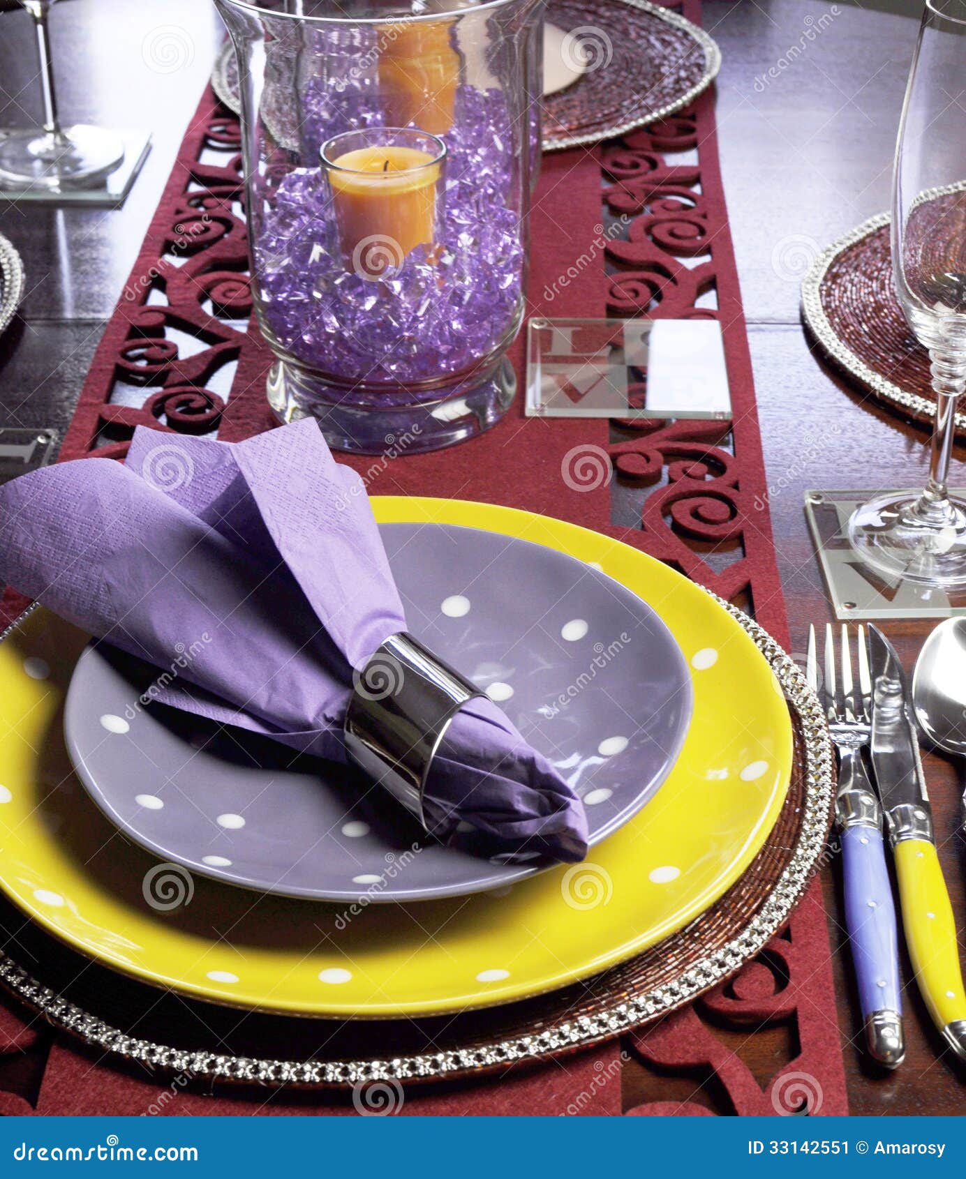 Yellow And Purple Table Place Setting - Vertical. Stock ...
