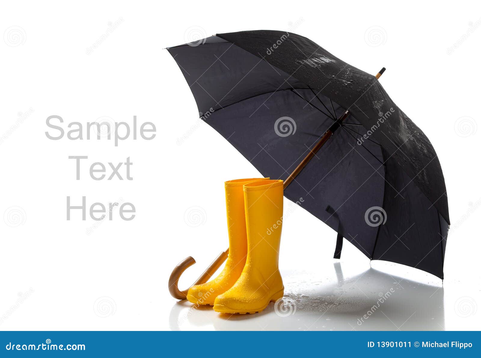 Yellow Rainboots and Black Umbrella on White Stock Image Image of