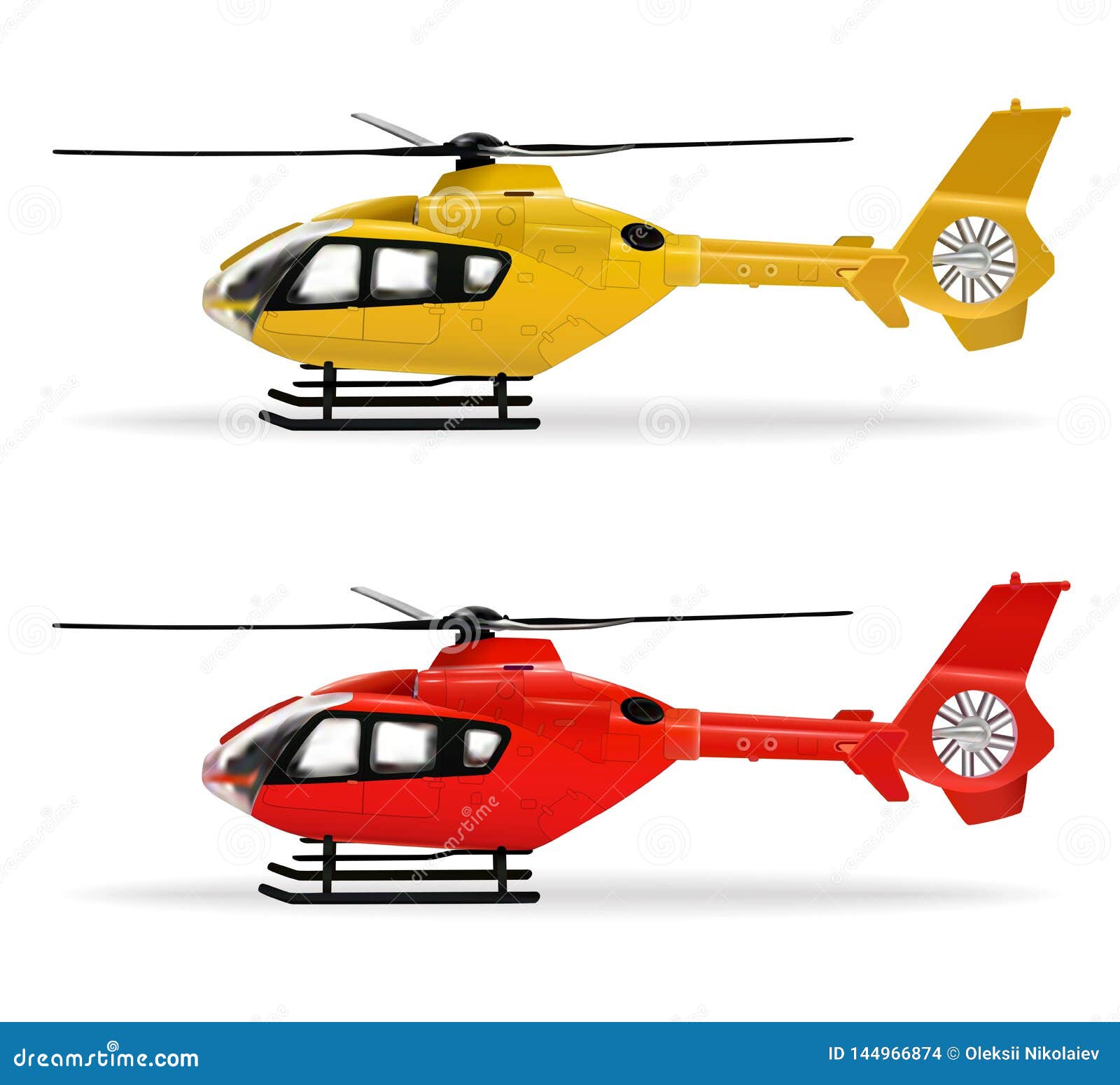 yellow and red helicopters. small-sized passenger helicopter in different colors. air transport. realistic 